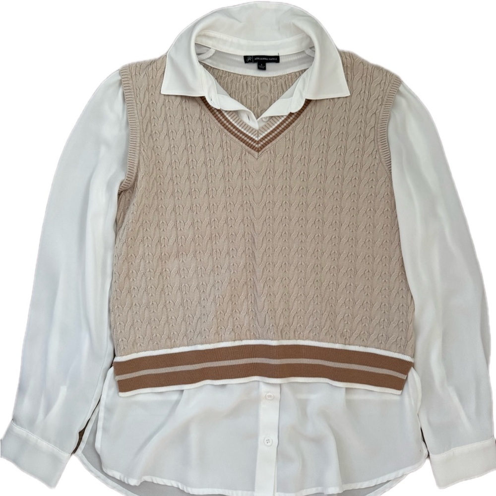 Adrianna Papell Cream and Brown Cable Knit V-Neck Sweater Vest